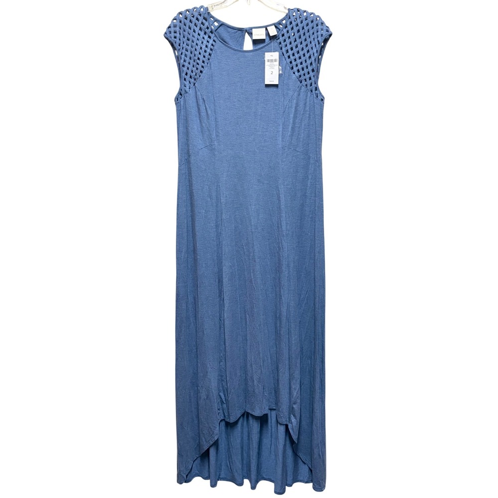 Chicos Lattice Shoulder Maxi Dress Solid Blue High-Low Hem 570149987 Size 2 NEW